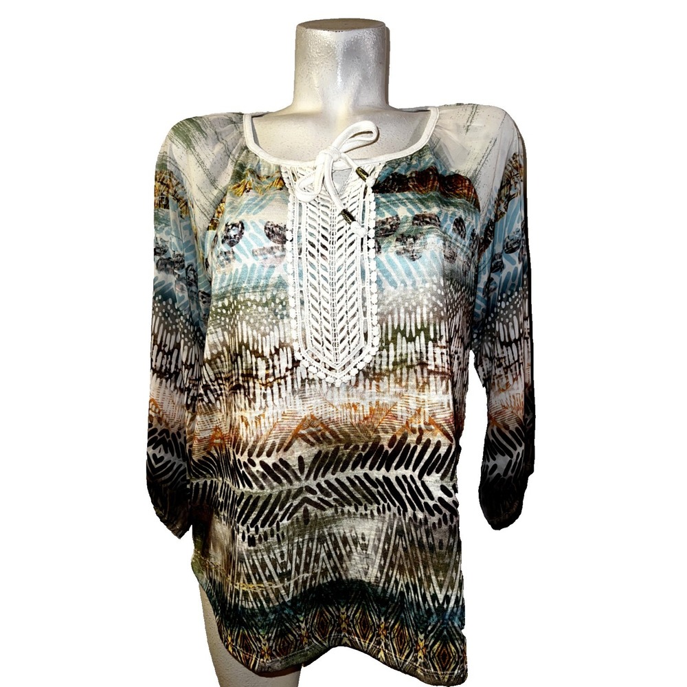 Chico's Top Sz L (2) Abstract Geometric Print Crochet Lace Bib Blouse Teal Brown